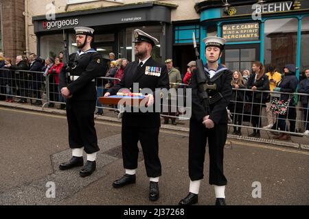 Freedom Parade in Helston Cornwall,RNAS Culdrose Navy personnel form up at approx 10am and march down Meneage Street to the Guildhall, where the Mayor and Captain of Culdrose inspect the guard. The Mayor's Chaplain leads prayers, the Mayor addresses the Parade and then the Captain of RNAS Culdrose responds. The Parade is an important day in the civic calendar, as well as for the people of the town, many of whom have links with the air base. All are welcome to watch this unique and impressive spectacle, Credit: kathleen white/Alamy Live News Stock Photo