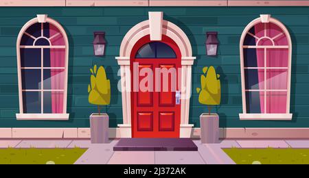 Luxury cottage house facade, home building exterior of green brick, red wooden arched door and curtained windows, lanterns over entrance, rug at doors Stock Vector