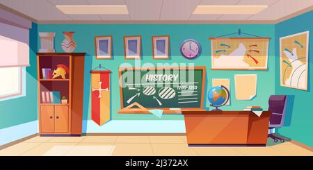 Classroom of history empty interior, school class room with teacher table, green blackboard with scheme, map and clock hanging on wall, books cupboard Stock Vector