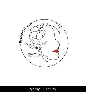 Vector abstract illustration logo and brand design template in trendy linear minimal style, emblem for beauty and cosmetic studio - portrait of woman, Stock Vector