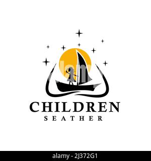 Children's zone vector design logo - Illustration of sailing ship silhouette with and small characters. Vector illustration Stock Vector