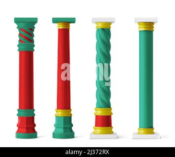 Chinese red and green pillars with gold decor for asian temple, pagoda, gazebo, arch and gate. Vector realistic set of traditional columns in China is Stock Vector