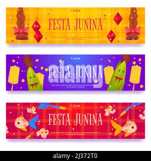 Festa Junina banners isolated on white background. Vector set of horizontal flyers with cartoon traditional carnival decoration on June brazilian part Stock Vector