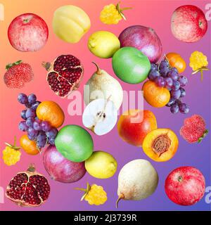 Various colorful fruits on a colored square gradient background Stock Photo