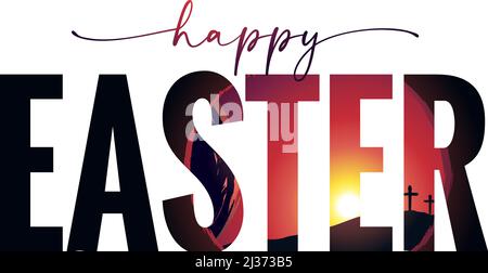 Happy Easter typography, tomb and Calvary with three cross. Holy week poster with text Easter, crosses and cave with tomb on background. Vector card Stock Vector