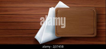 Wooden cutting board stand on kitchen napkin and wood table surface top view. Rectangular empty tray on folded white tablecloth, eco friendly utensil Stock Vector