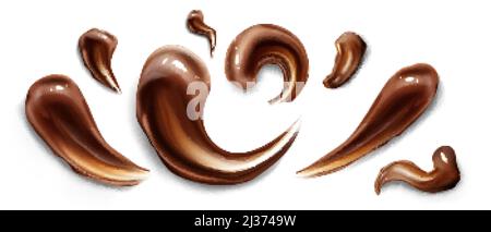 Chocolate strokes, brown liquid smears, ganache sauce or syrup stains and melt smudges isolated on white background. Sweet food, dark choco traces des Stock Vector