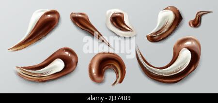 Chocolate strokes, brown white liquid smears, ganache sauce or syrup stains and melt smudges isolated on white background. Sweet food, dark choco trac Stock Vector