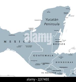 Yucatan Peninsula, gray political map. Peninsula in southeastern Mexico and adjectants portions of Belize and Guatemala. Stock Photo