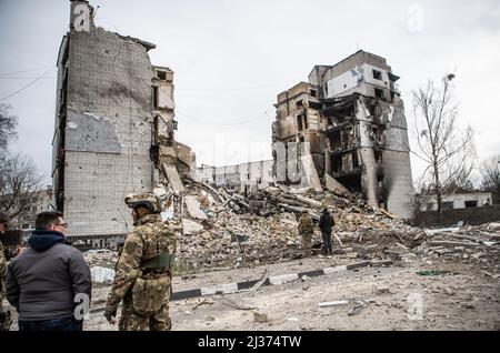 Borodyanka, Ukraine. 05th Apr, 2022. Burned buildings marked with bullet holes and shrapnel fragments show evidence of a brutal battle in Borodyanka, a small urban settlement in Kyiv Oblast. Russia invaded Ukraine on 24 February 2022, triggering the largest military attack in Europe since World War II. Credit: SOPA Images Limited/Alamy Live News Stock Photo