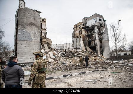 Borodyanka, Ukraine. 05th Apr, 2022. Burned buildings marked with bullet holes and shrapnel fragments show evidence of a brutal battle in Borodyanka, a small urban settlement in Kyiv Oblast. Russia invaded Ukraine on 24 February 2022, triggering the largest military attack in Europe since World War II. Credit: SOPA Images Limited/Alamy Live News Stock Photo