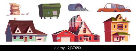 Old abandoned houses, trash bin and broken car. Vector cartoon set of derelict buildings with boarded up windows, dustbin, boxes, trash and rusty auto Stock Vector