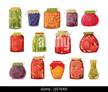 Vector set of illustrations of jars with jam and pickles. Preparations for the winter. Stock Vector