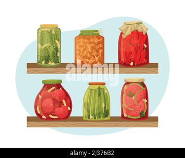 Vector illustration of jars of pickles on the shelves in the pantry. Preparations for the winter. Stock Vector