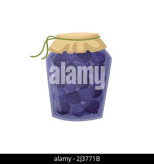 Vector illustration of a jar of blueberry jam. Preparations for the winter. Stock Vector