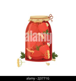 Vector illustration of a jar of pickled tomatoes. Preparations for the winter. Stock Vector