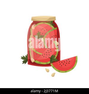 Vector illustration of a jar with pickled watermelon. Preparations for the winter. Stock Vector
