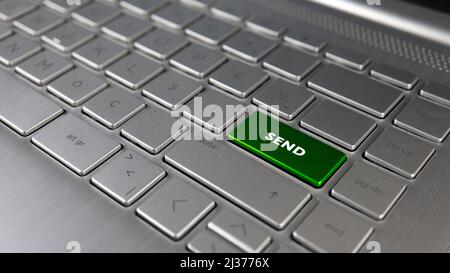 Keyboard with send text on the enter button, file sending idea, concept of signs, grey keypad close up, front view, selective focus Stock Photo