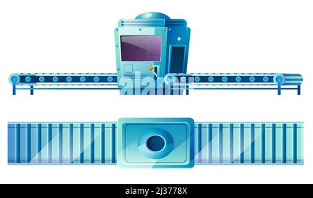 Conveyor belt at factory, plant or warehouse in front and top view. Vector cartoon illustration of blue automated machine in mass production line isol Stock Vector