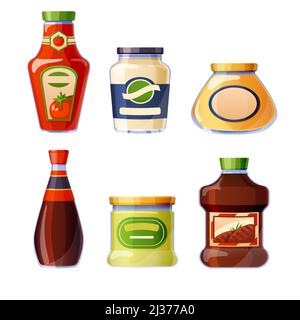 Sauces and dressings in glass bottles isolated on white background. Ketchup, mayonnaise, mustard and soy seasoning in package. Vector cartoon set of d Stock Vector