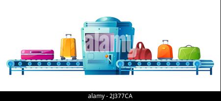 Conveyor belt with luggage in airport terminal. Security check scanner of baggage. Vector cartoon illustration of automated machine with roller band, Stock Vector