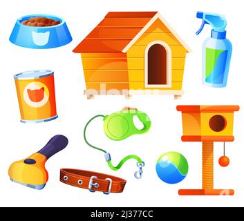 Set for pet shop comb, bowl and leash, collar and food for domestic animals. Store accessories, cat and dog houses, toys, petshop supermarket items is Stock Vector