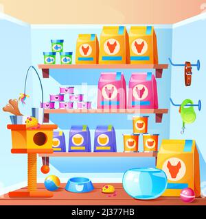 Pet shop interior with scratching post for cats, toys, bowl, feed in bag and cans. Vector cartoon illustration of store with accessories for domestic Stock Vector