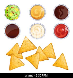 Nacho chips and sauces in bowls, mexican food with dressings. Vector cartoon set of salsa, ketchup, mayonnaise, guacamole and soy sauce with corn tort Stock Vector
