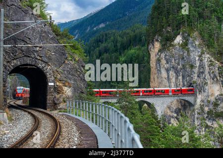 Landwasser Viaduct, single track, six-arched curved limestone railway ...