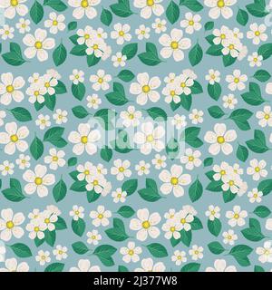Seamless pattern with white cherry flowers on branch with leaves on blue background. Print of spring decoration, flowering fruit tree plant. Vector flat illustration Stock Vector
