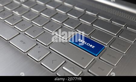 Keyboard with explore text on the enter button, represents explore, metaphor of signs Stock Photo