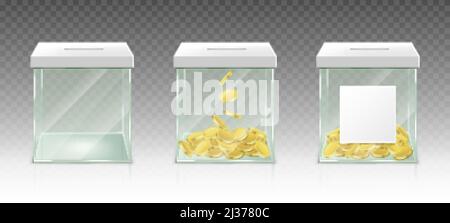 Glass money box for tips, savings or donations isolated on transparent background. Vector realistic set of 3d clear acrylic jar with gold coins and wh Stock Vector