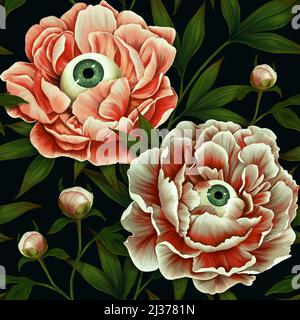 Mystical seamless pattern. Mysterious wallpapers, fantastic flowers. Floral dark background. Peonies, eyes, horrors. Vintage hand drawn flowers, buds, Stock Photo