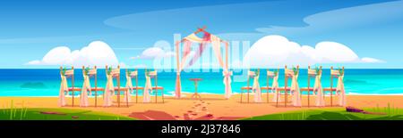 Beach wedding arch and decoration on seaside. Wooden archway and chairs with flowers stand on ocean sandy shore with scatter petals. Gate for marriage Stock Vector