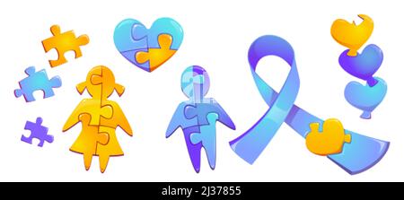 Set autism world day awareness, colorful puzzle pieces, child girl and boy silhouette, heart figure and blue ribbon isolated on white background, inte Stock Vector