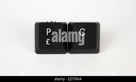 PC text created with keyboard keys isolated on white background, white PC on black keyboard, top view Stock Photo