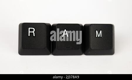 Ram text created with keyboard keys isolated on white background, white ram on black keyboard, top view Stock Photo