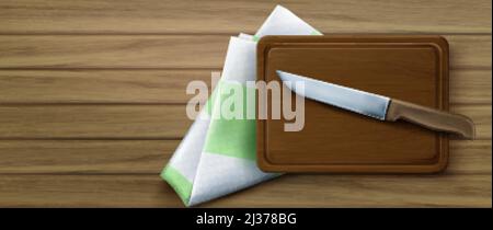 Cutting board, knife and tablecloth on wooden kitchen table top view. Vector realistic 3d illustration of rectangle wood plank for cut food, steel kni Stock Vector