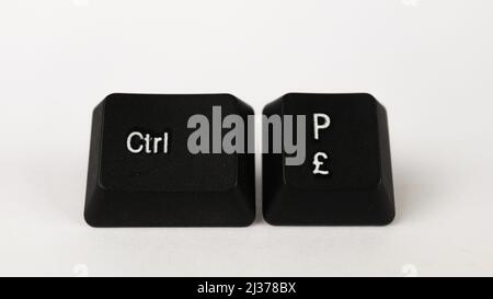 Ctrl P text created with keyboard keys isolated on white background, white shortcut on black keyboard, top view Stock Photo