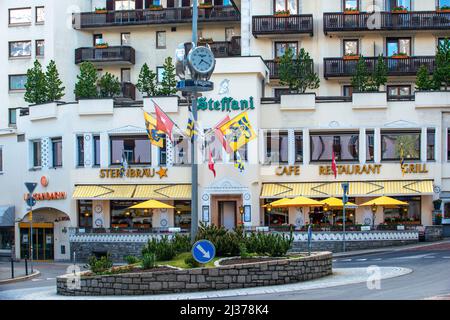 Sternbräu cafe bar restaurant in the city center of the St Moritz village Sankt Moritz, Engadin, Grisons, Switzerland.