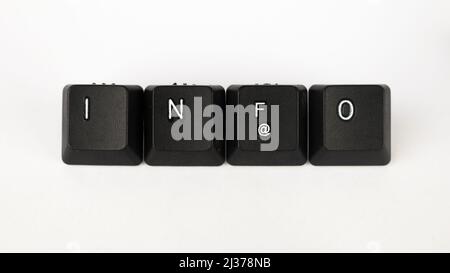 Info text created with keyboard keys isolated on white background, white info on black keyboard, top view Stock Photo