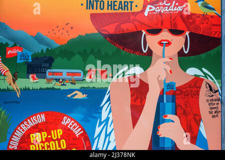 St moritz village, El paradiso Mountain Club & Restaurant retro advertising of summer season. Stock Photo