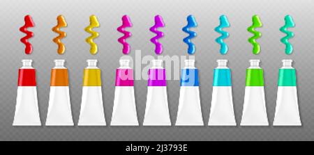 Set of paints tubes with blots top view, colorful palette with oil or acrylic dye in metal aluminium bottles with white screw caps isolated on transpa Stock Vector