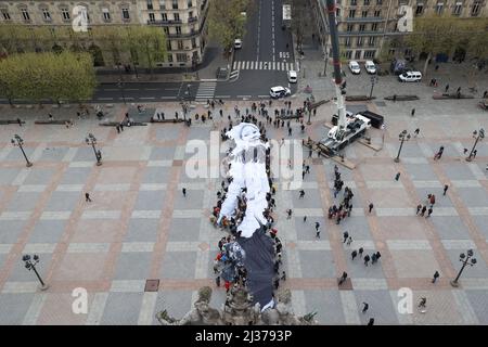 Paris, France, April 6, 2022. A giant artwork by French artist JR