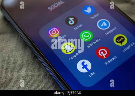 Social media applications icons on smartphone screen. Afyonkarahisar, Turkey - April 4, 2022. Stock Photo