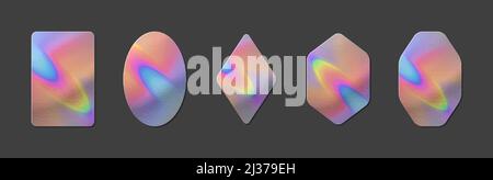 Holographic rainbow foil sticker realistic textured mockups. Authenticity blank emblem or official holography label. Vector neon guarantee certificati Stock Vector