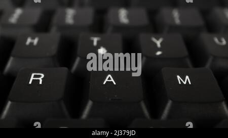 Ram text created with keyboard keys, computer terminology, white ram letters on black keyboard Stock Photo