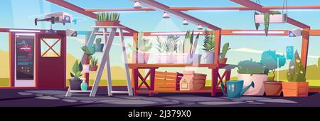Smart greenhouse, futuristic technologies in farming. Digital devices for automatically controlled plants growing or watering, robotic agricultural au Stock Vector