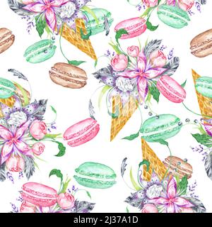Seamless background with pink peony, lilac flowers, grey feathers Stock Photo