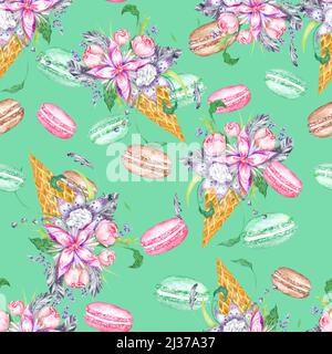 Seamless background with pink peony, lilac flowers, grey feathers Stock Photo